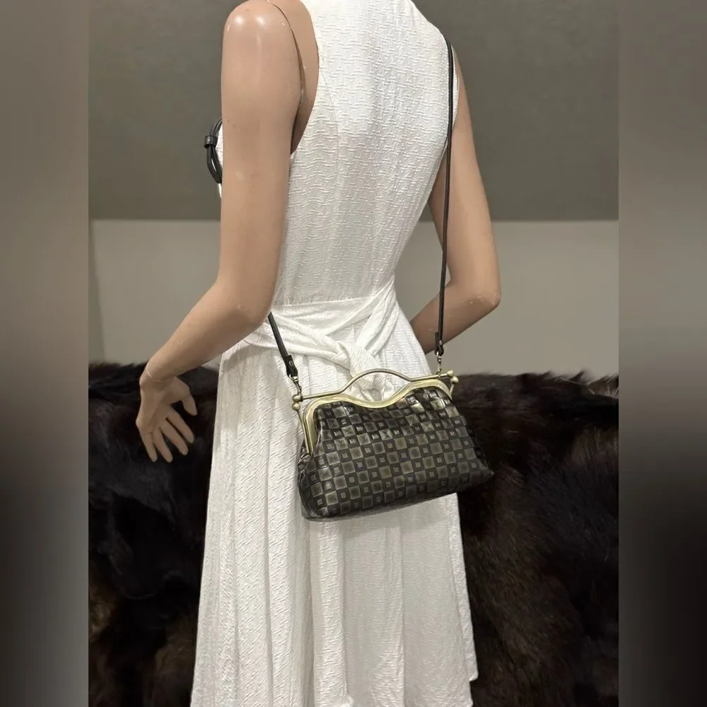 Vintage Pattern Genuine Calfskin Handmade Double Kisslock Purse/Multi Use Style